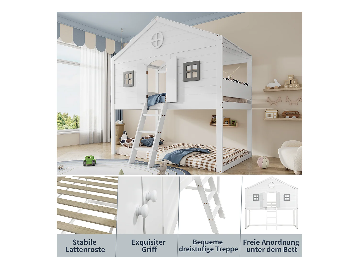 Lit mezzanine cabane pour enfant - 90 x 200 cm - avec escalier + 2 fenêtres - pin + MDF - blanc+gris