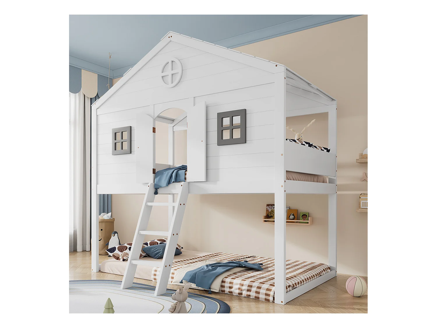 Lit mezzanine cabane pour enfant - 90 x 200 cm - avec escalier + 2 fenêtres - pin + MDF - blanc+gris
