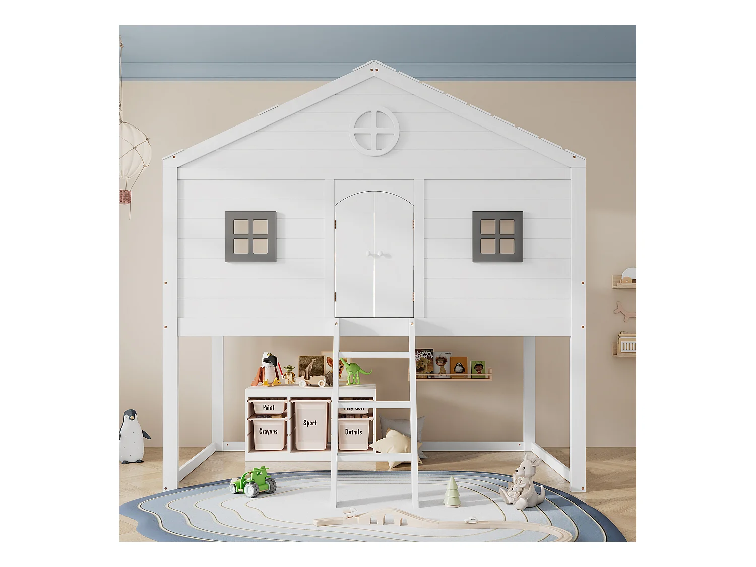 Lit mezzanine cabane pour enfant - 90 x 200 cm - avec escalier + 2 fenêtres - pin + MDF - blanc+gris