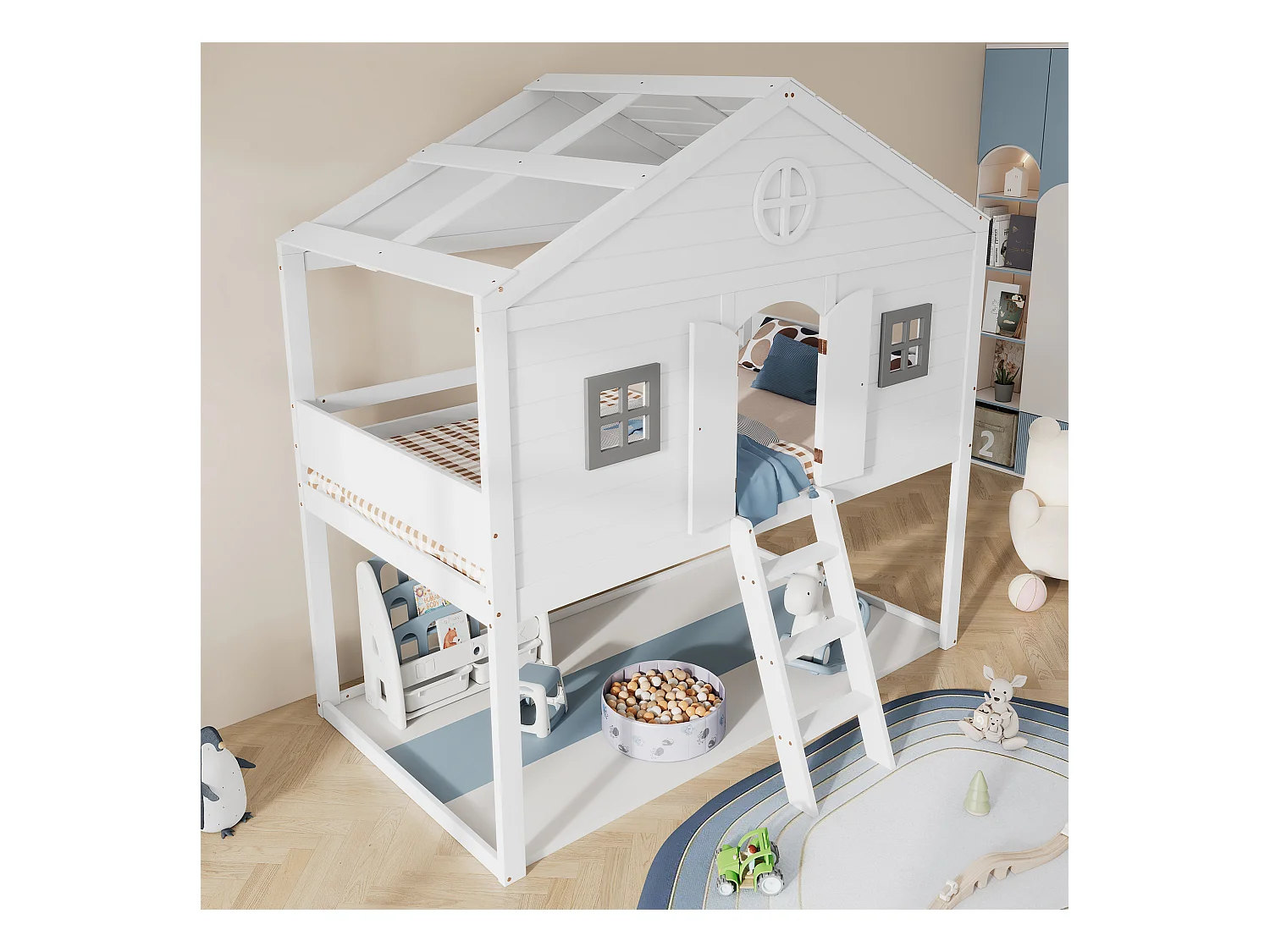 Lit mezzanine cabane pour enfant - 90 x 200 cm - avec escalier + 2 fenêtres - pin + MDF - blanc+gris