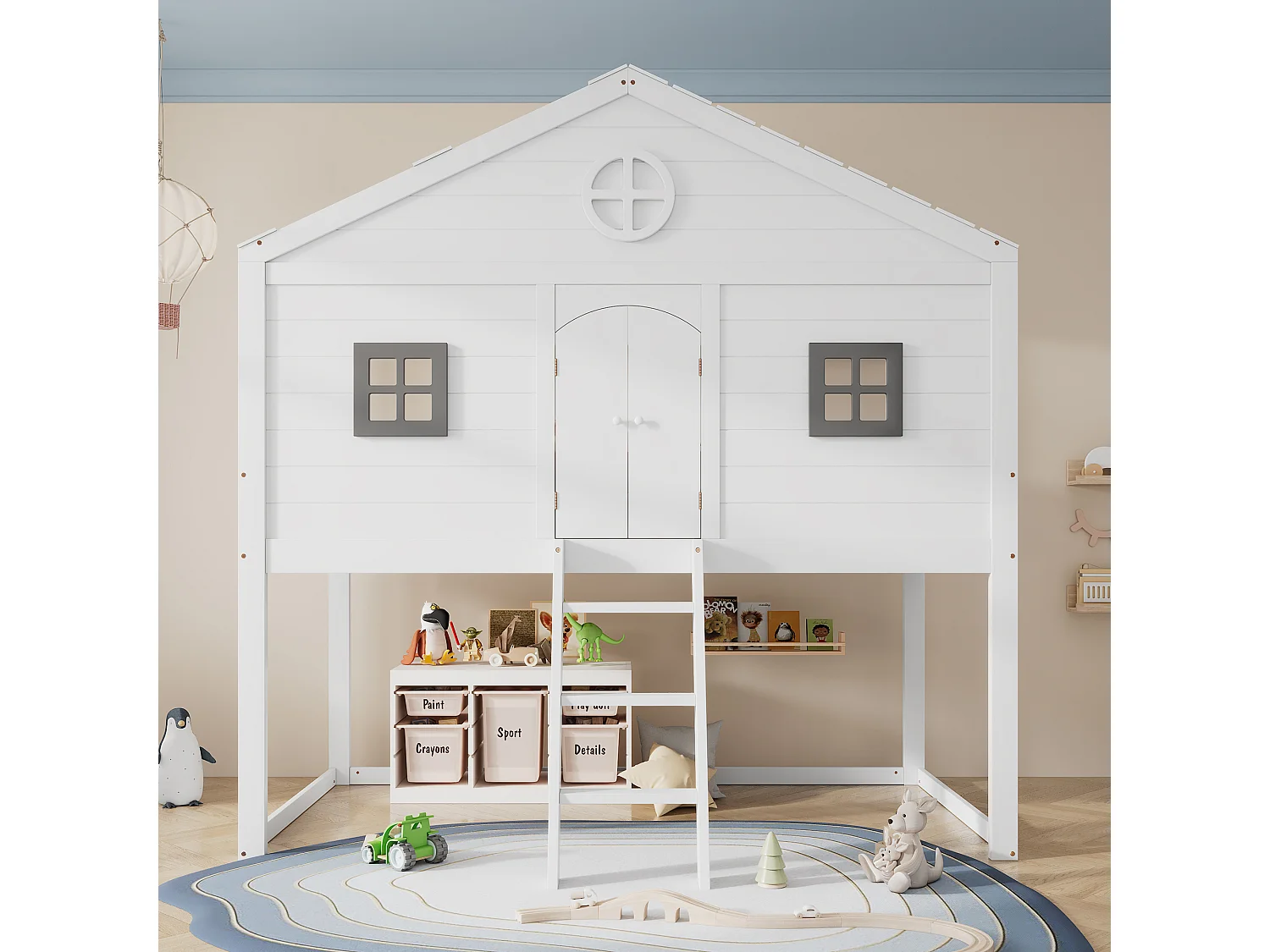 Kinderhut hoogslaper - 90 x 200 cm - met trap + 2 ramen - grenen + MDF - wit + grijs