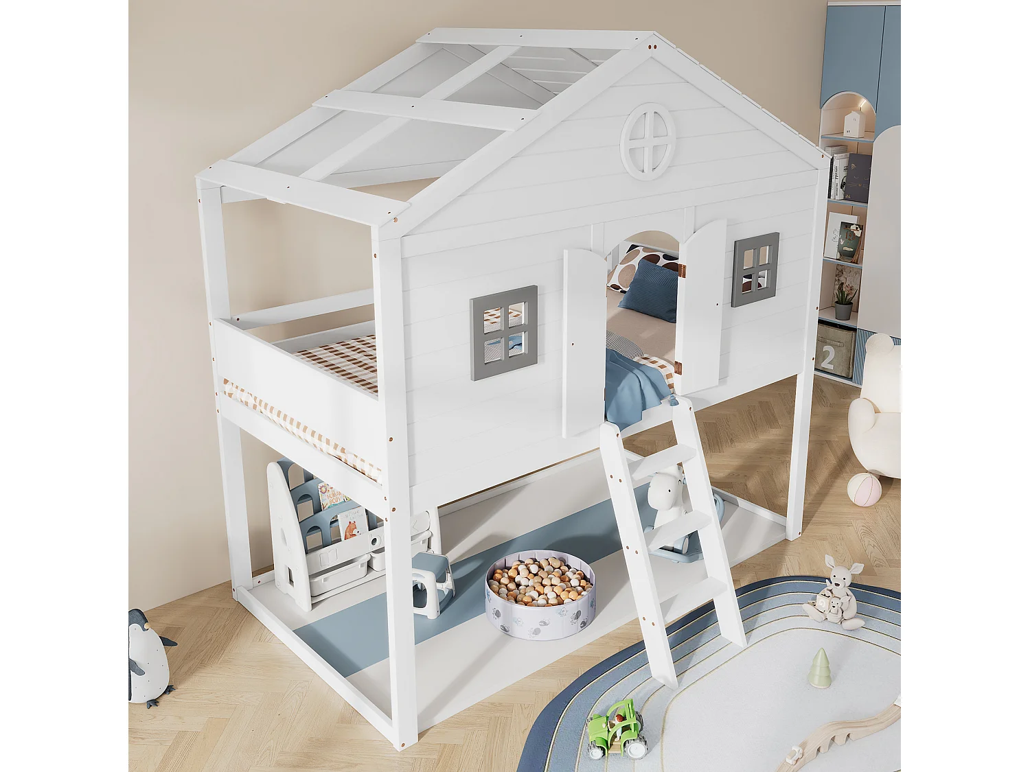 Kinderhut hoogslaper - 90 x 200 cm - met trap + 2 ramen - grenen + MDF - wit + grijs