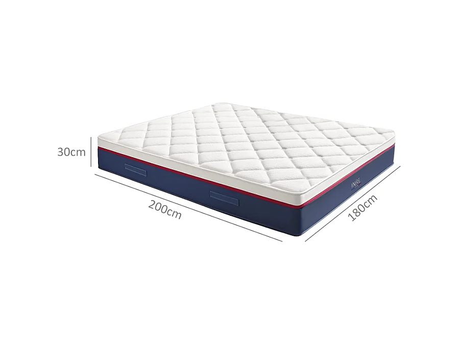 Matelas 180x200 cm INRE, 30 cm - Mémoire de Forme, Réversible, 7 Zones Ergonomiques, Tissu Écologique et Respirant, Confort Optimal