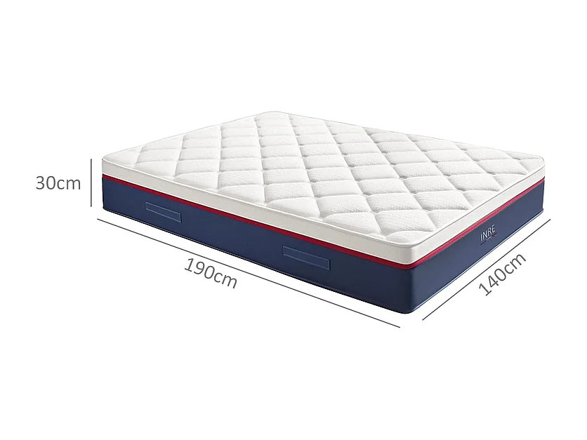 Matelas 140x190 cm INRE, 30 cm - Mémoire de Forme, Réversible, 7 Zones Ergonomiques, Tissu Écologique et Respirant, Confort Optimal