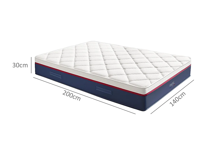 Matelas 140x200 cm INRE, 30 cm - Mémoire de Forme, Réversible, 7 Zones Ergonomiques, Tissu Écologique et Respirant, Confort Optimal