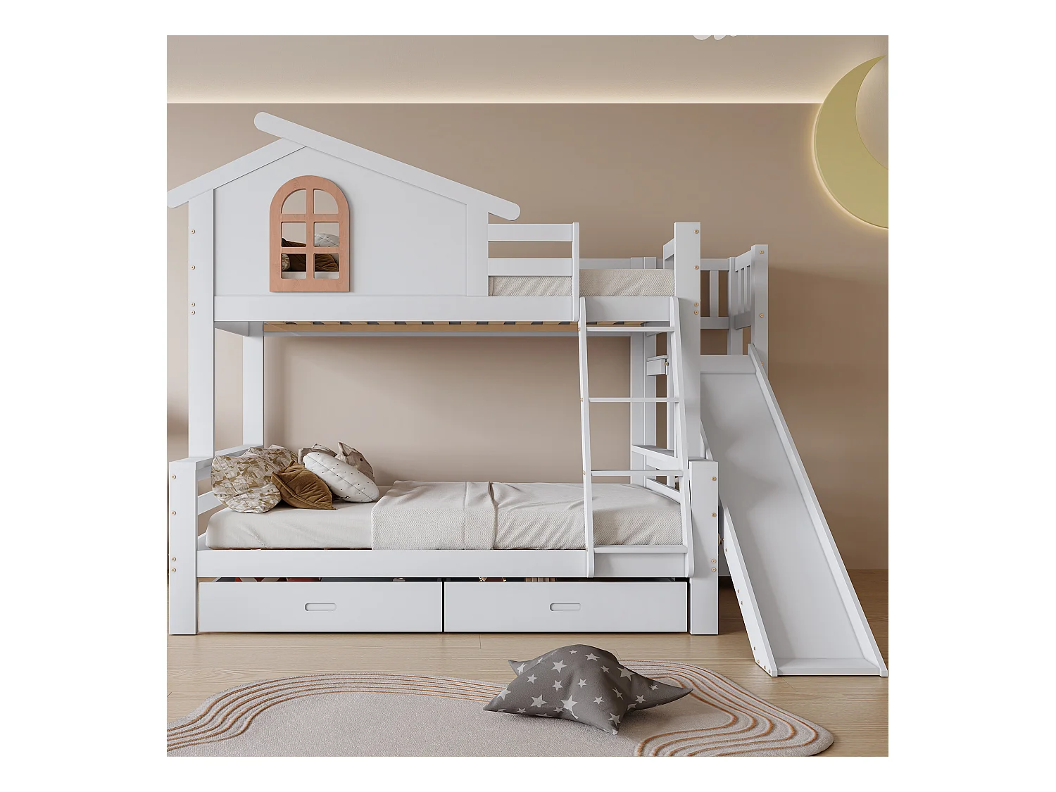 Etagenbett mit Fenster - 90 x 200 cm + 120 x 200 cm - mit Rutsche und Treppe - 2 Schubladen - Massivholz - weiß