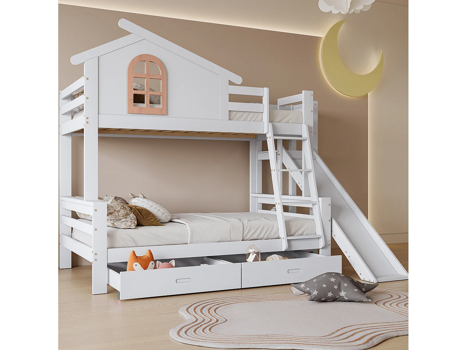 Łóżko piętrowe z oknami - 90 x 200 cm + 120 x 200 cm - ze zjeżdżalnią i schodami - 2 szuflady - lite drewno - białe