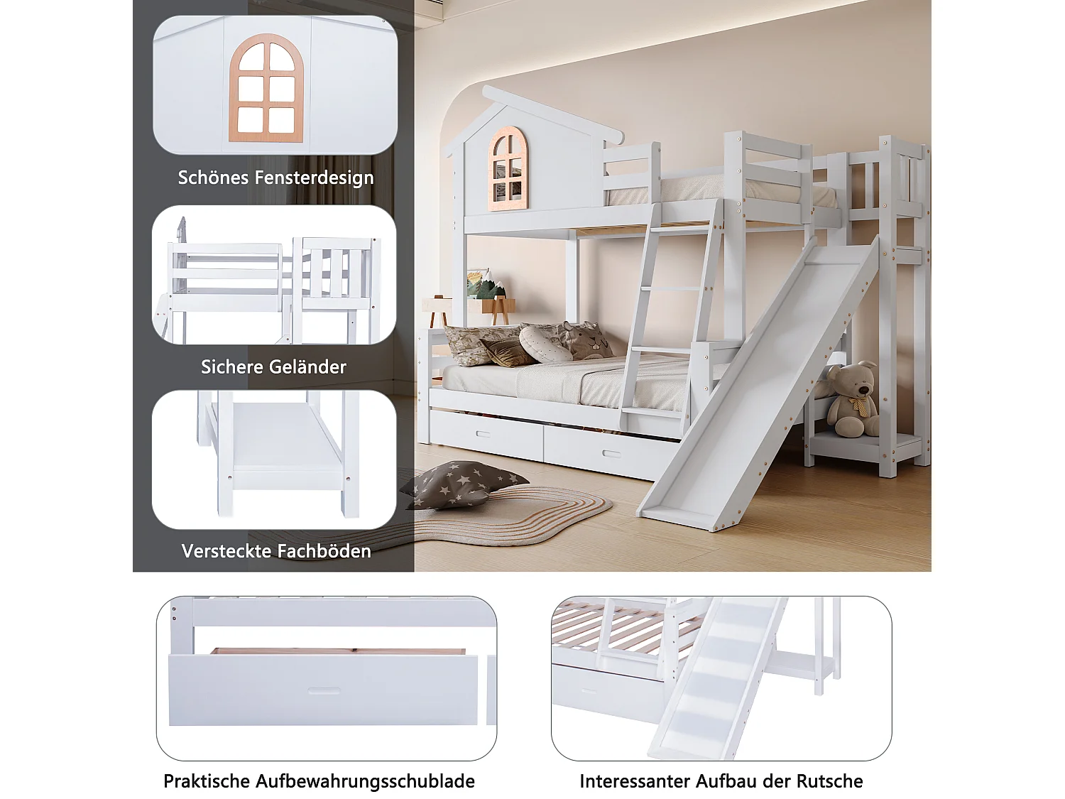 Łóżko piętrowe z oknami - 90 x 200 cm + 120 x 200 cm - ze zjeżdżalnią i schodami - 2 szuflady - lite drewno - białe