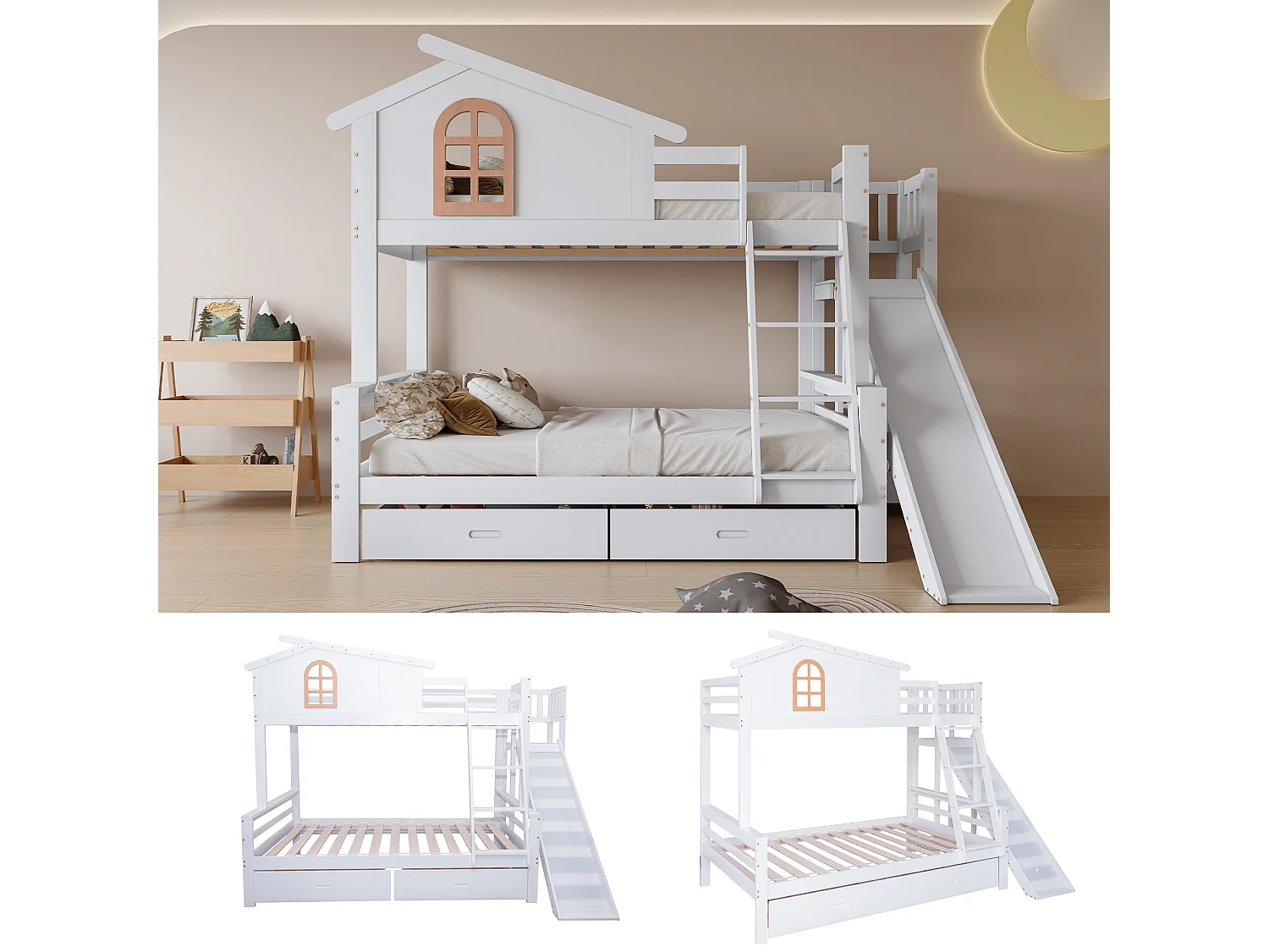 Łóżko piętrowe z oknami - 90 x 200 cm + 120 x 200 cm - ze zjeżdżalnią i schodami - 2 szuflady - lite drewno - białe