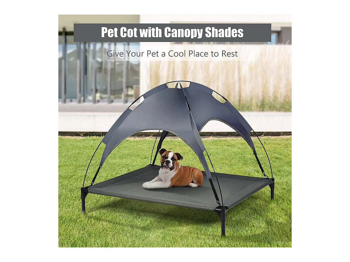 Hondenbed met luifel, hondenligstoel tuin, huisdier ligplaats buiten, huisdierenbed hond, kattenligstoel, kattenbed, 105 x 86 x 87 cm BE9575