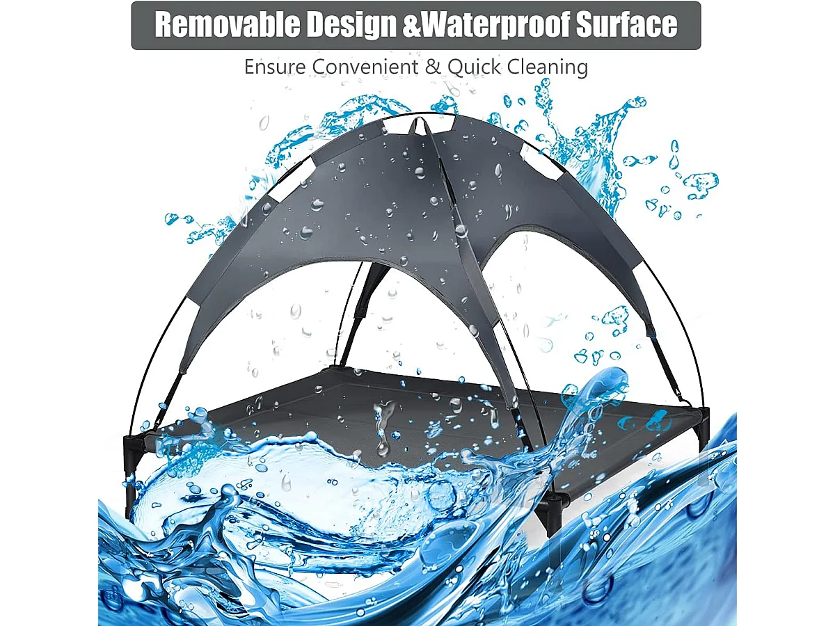 Hondenbed met luifel, hondenligstoel tuin, huisdier ligplaats buiten, huisdierenbed hond, kattenligstoel, kattenbed, 105 x 86 x 87 cm BE9575