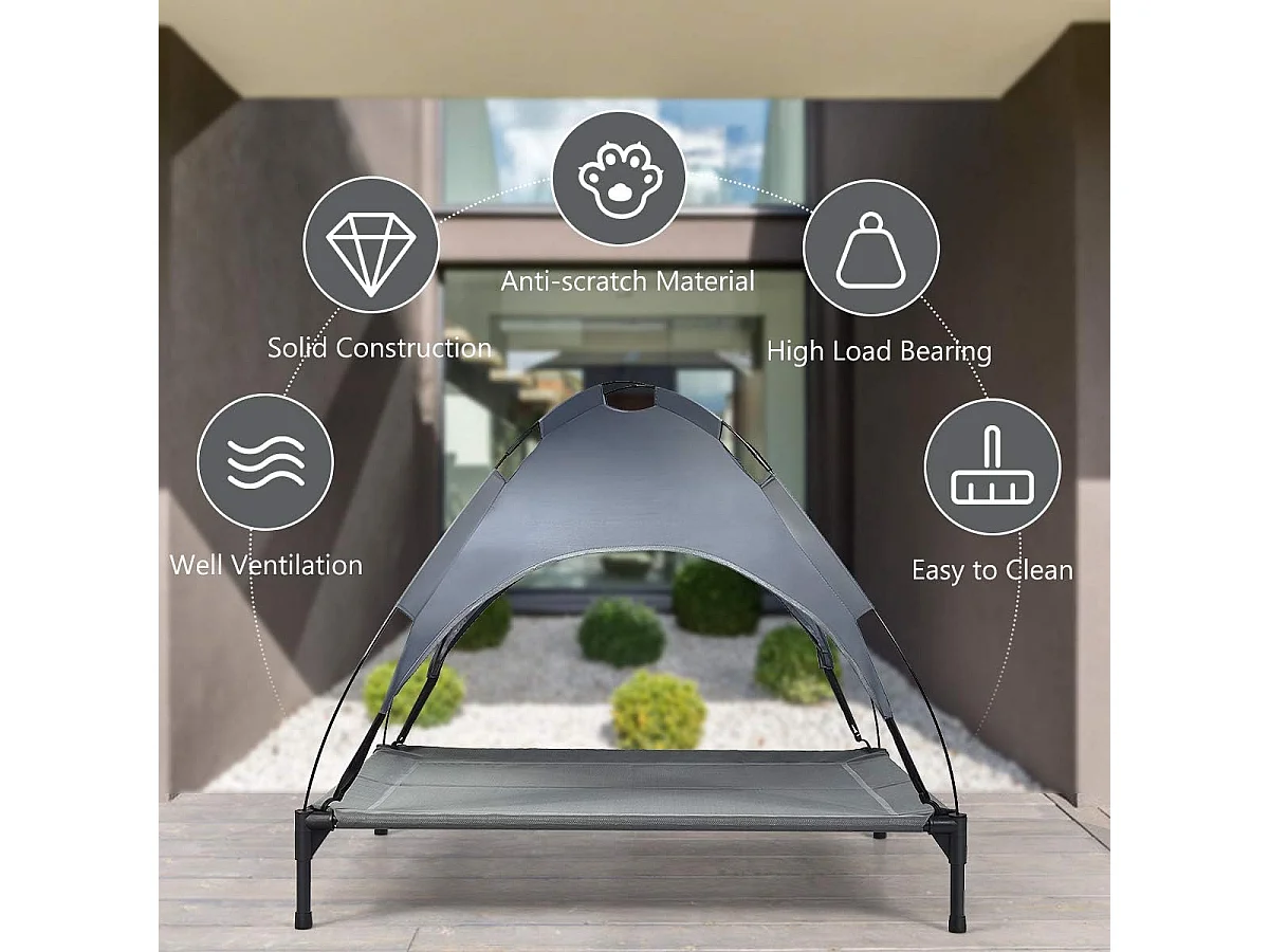 Hondenbed met luifel, hondenligstoel tuin, huisdier ligplaats buiten, huisdierenbed hond, kattenligstoel, kattenbed, 105 x 86 x 87 cm BE9575