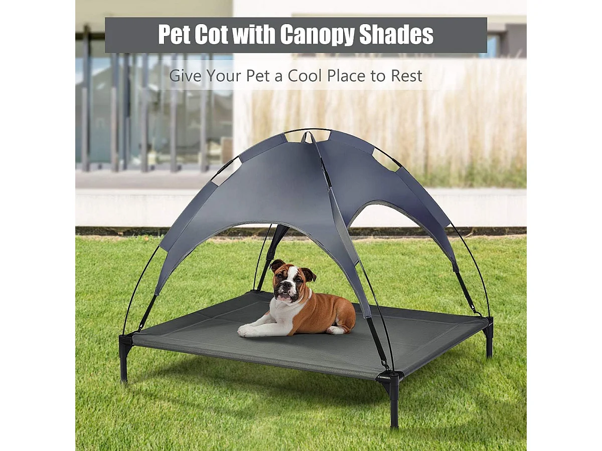 Hondenbed met luifel, hondenligstoel tuin, huisdier ligplaats buiten, huisdierenbed hond, kattenligstoel, kattenbed, 105 x 86 x 87 cm BE9575