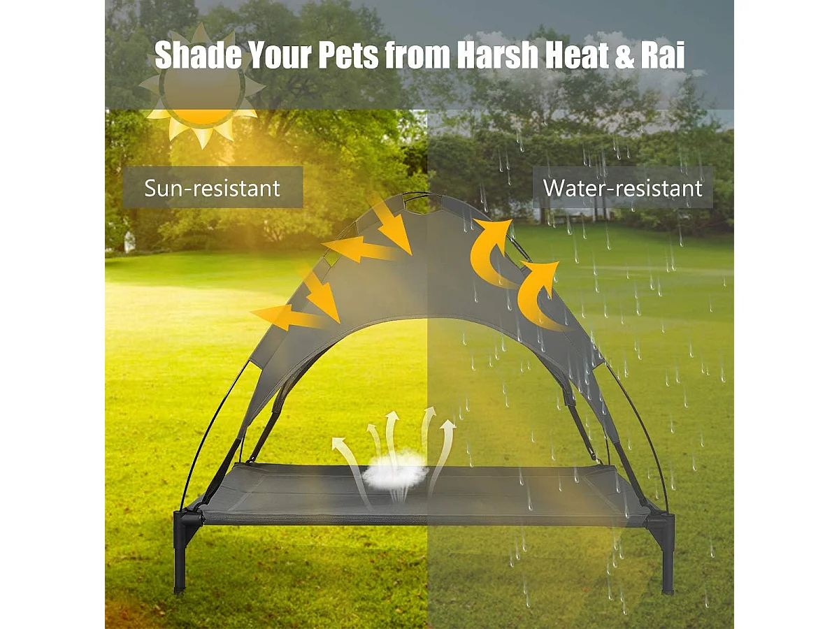 Hondenbed met luifel, hondenligstoel tuin, huisdier ligplaats buiten, huisdierenbed hond, kattenligstoel, kattenbed, 105 x 86 x 87 cm BE9575