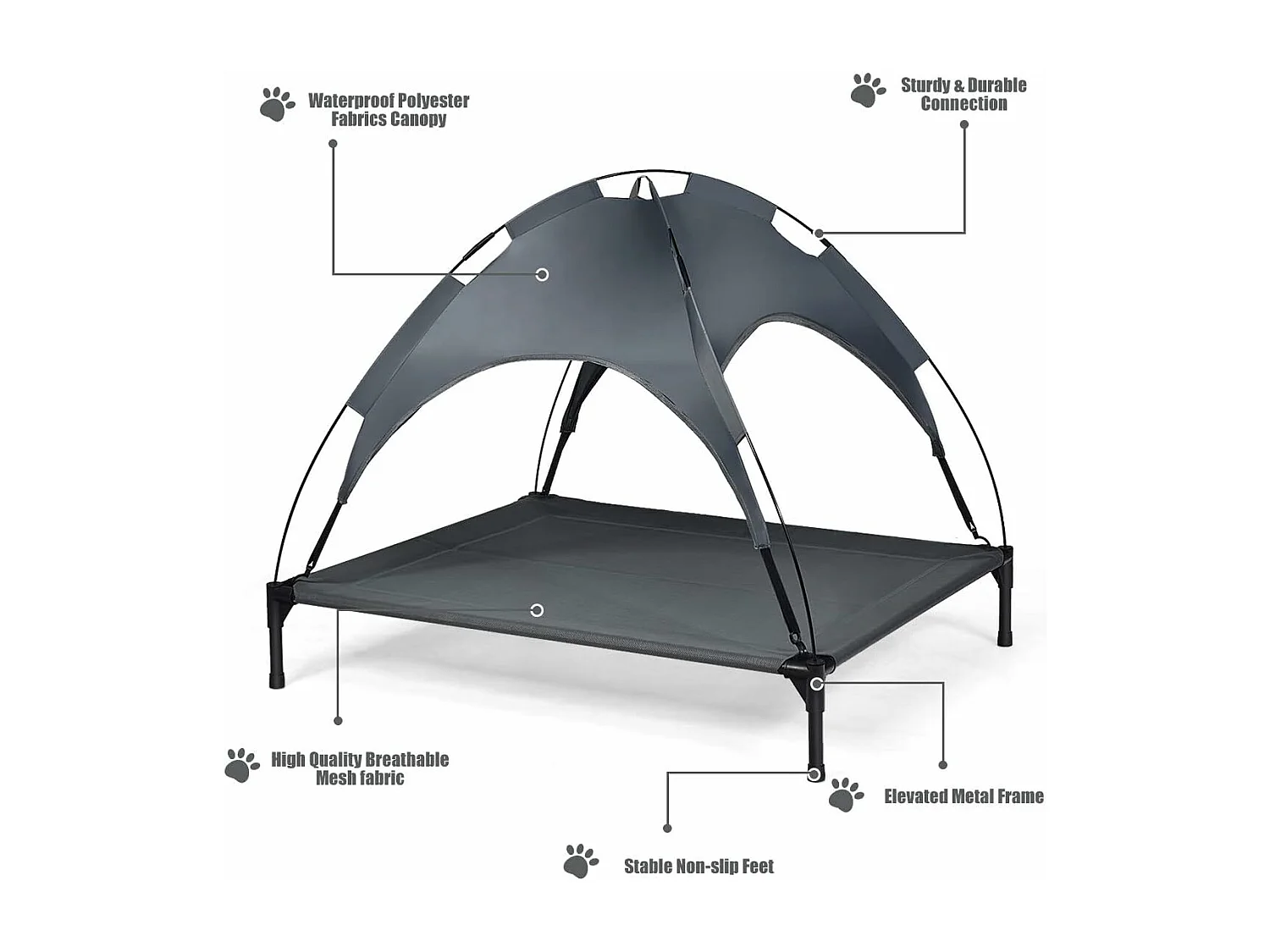 Hondenbed met luifel, hondenligstoel tuin, huisdier ligplaats buiten, huisdierenbed hond, kattenligstoel, kattenbed, 105 x 86 x 87 cm BE9575