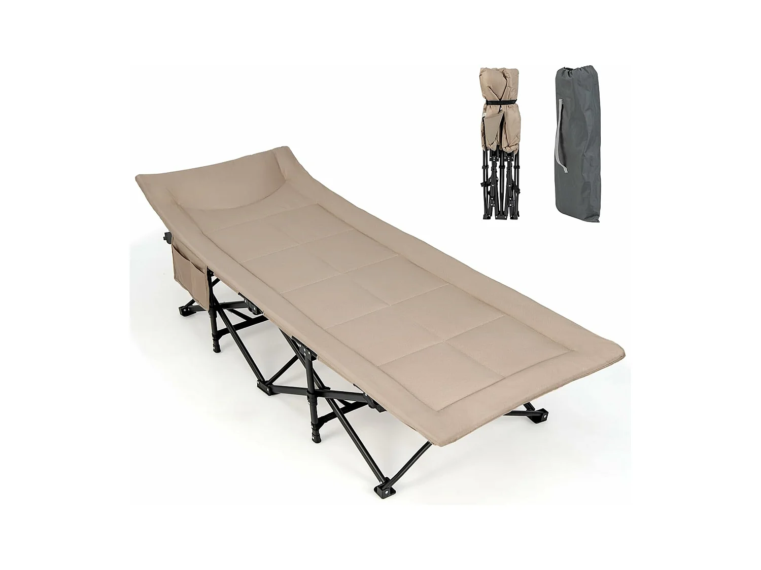 Veldbed met comfortabele katoenen vulling, geïntegreerd kussen, inklapbaar campingbed tot 200 kg belastbaar, klapbed met zijzak, campingbed, logeerbed ZB33520