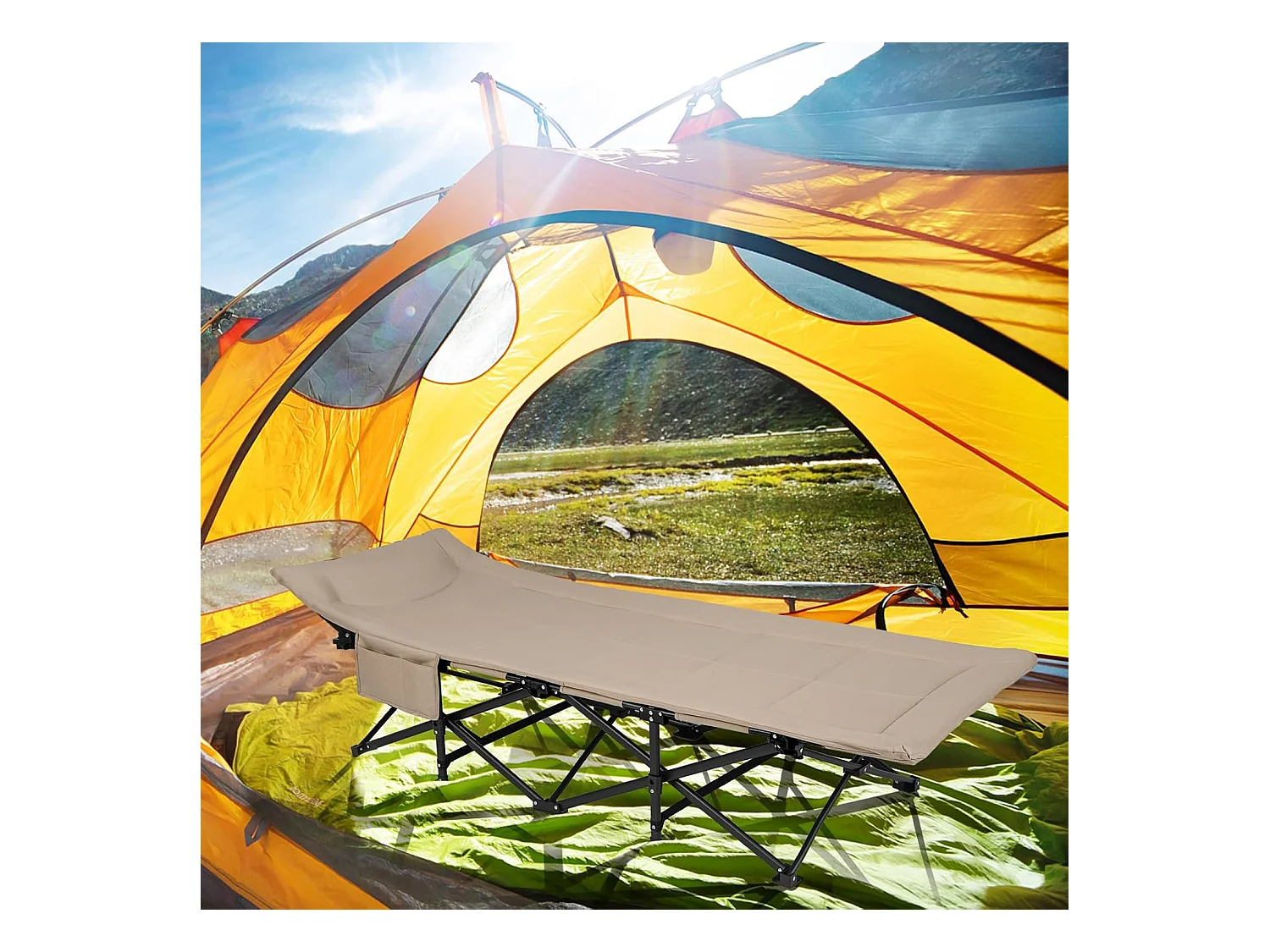 Veldbed met comfortabele katoenen vulling, geïntegreerd kussen, inklapbaar campingbed tot 200 kg belastbaar, klapbed met zijzak, campingbed, logeerbed ZB33520