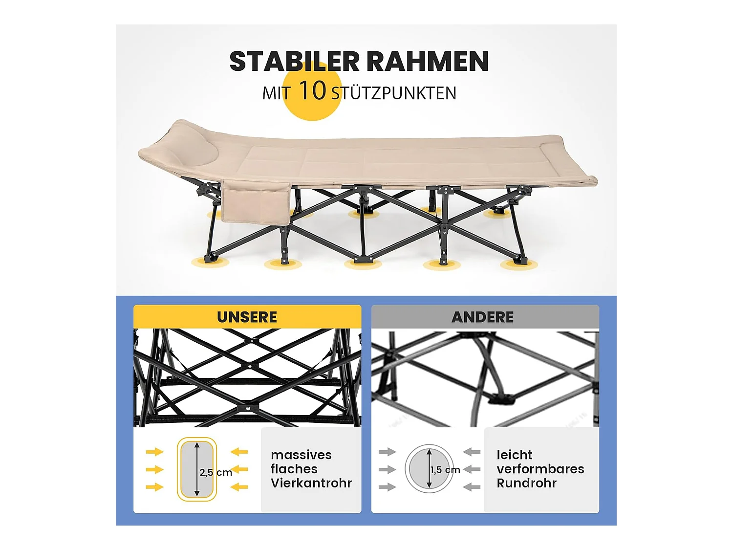 Veldbed met comfortabele katoenen vulling, geïntegreerd kussen, inklapbaar campingbed tot 200 kg belastbaar, klapbed met zijzak, campingbed, logeerbed ZB33520