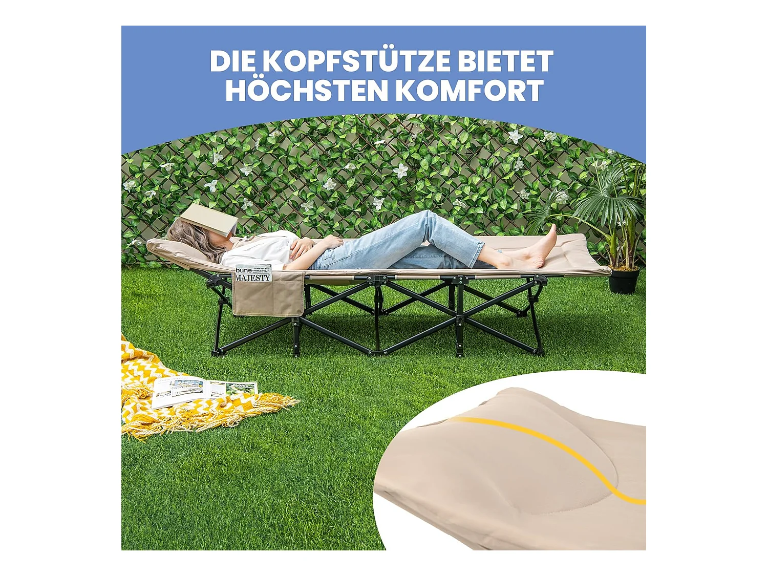 Veldbed met comfortabele katoenen vulling, geïntegreerd kussen, inklapbaar campingbed tot 200 kg belastbaar, klapbed met zijzak, campingbed, logeerbed ZB33520
