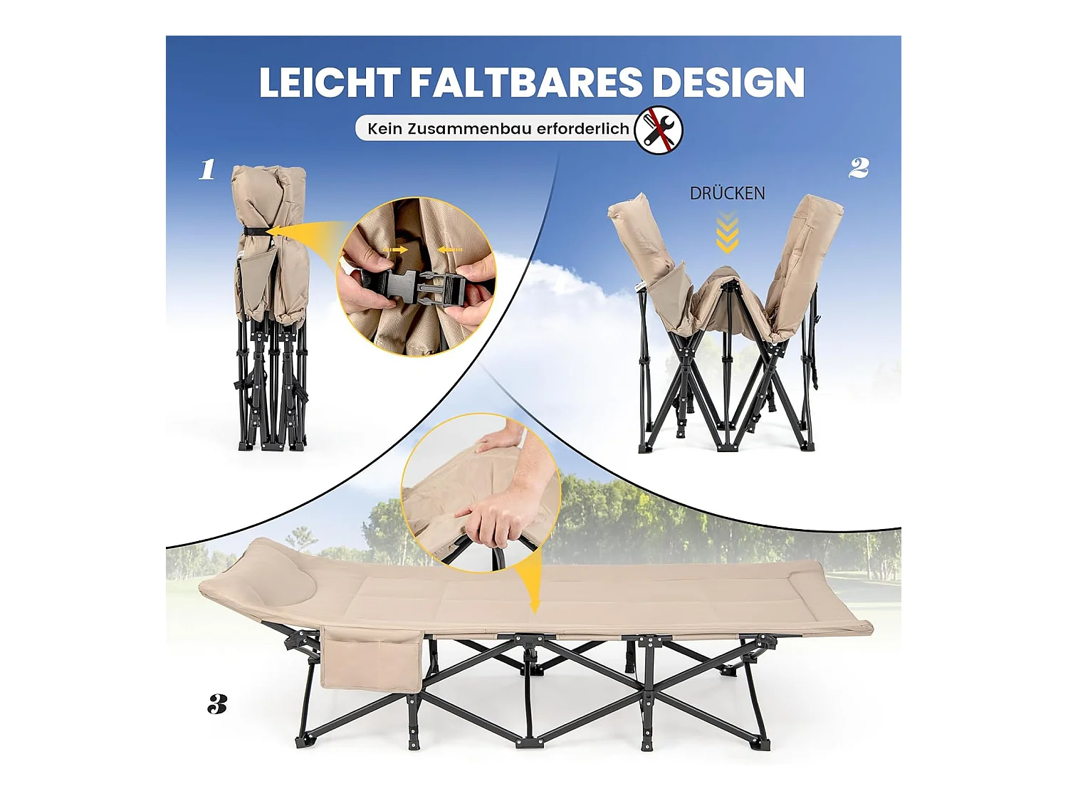 Veldbed met comfortabele katoenen vulling, geïntegreerd kussen, inklapbaar campingbed tot 200 kg belastbaar, klapbed met zijzak, campingbed, logeerbed ZB33520