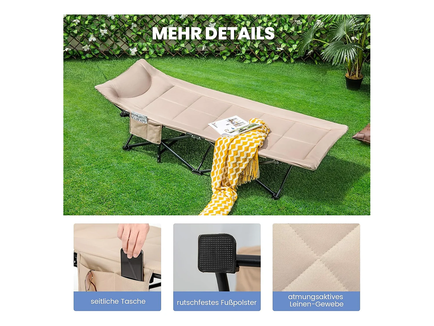 Veldbed met comfortabele katoenen vulling, geïntegreerd kussen, inklapbaar campingbed tot 200 kg belastbaar, klapbed met zijzak, campingbed, logeerbed ZB33520