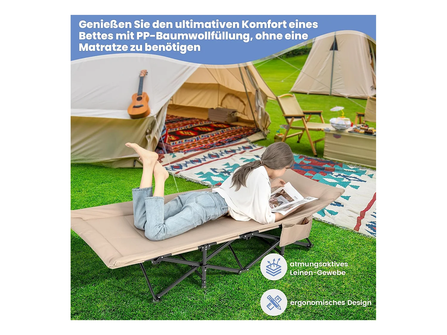 Veldbed met comfortabele katoenen vulling, geïntegreerd kussen, inklapbaar campingbed tot 200 kg belastbaar, klapbed met zijzak, campingbed, logeerbed ZB33520