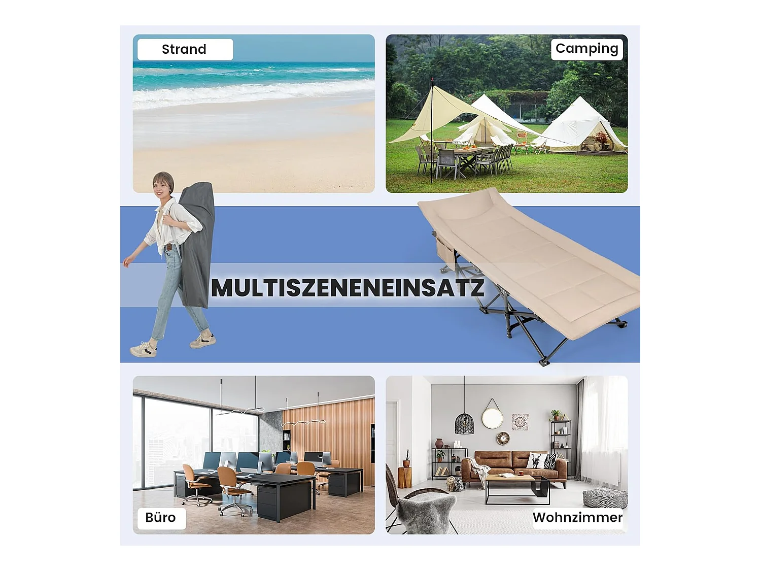 Veldbed met comfortabele katoenen vulling, geïntegreerd kussen, inklapbaar campingbed tot 200 kg belastbaar, klapbed met zijzak, campingbed, logeerbed ZB33520