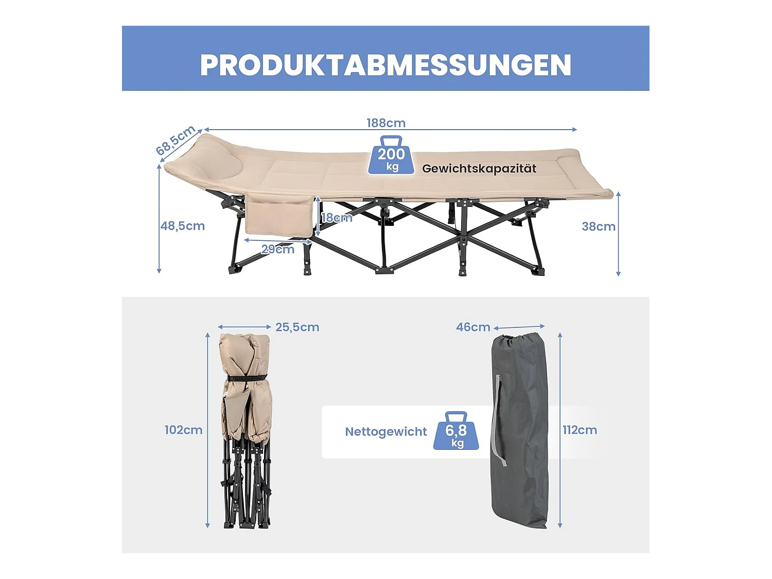 Veldbed met comfortabele katoenen vulling, geïntegreerd kussen, inklapbaar campingbed tot 200 kg belastbaar, klapbed met zijzak, campingbed, logeerbed ZB33520