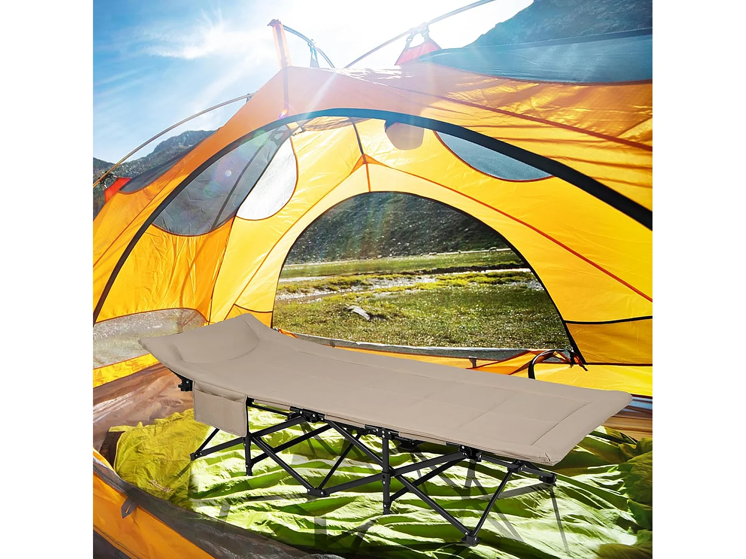 Veldbed met comfortabele katoenen vulling, geïntegreerd kussen, inklapbaar campingbed tot 200 kg belastbaar, klapbed met zijzak, campingbed, logeerbed ZB33520