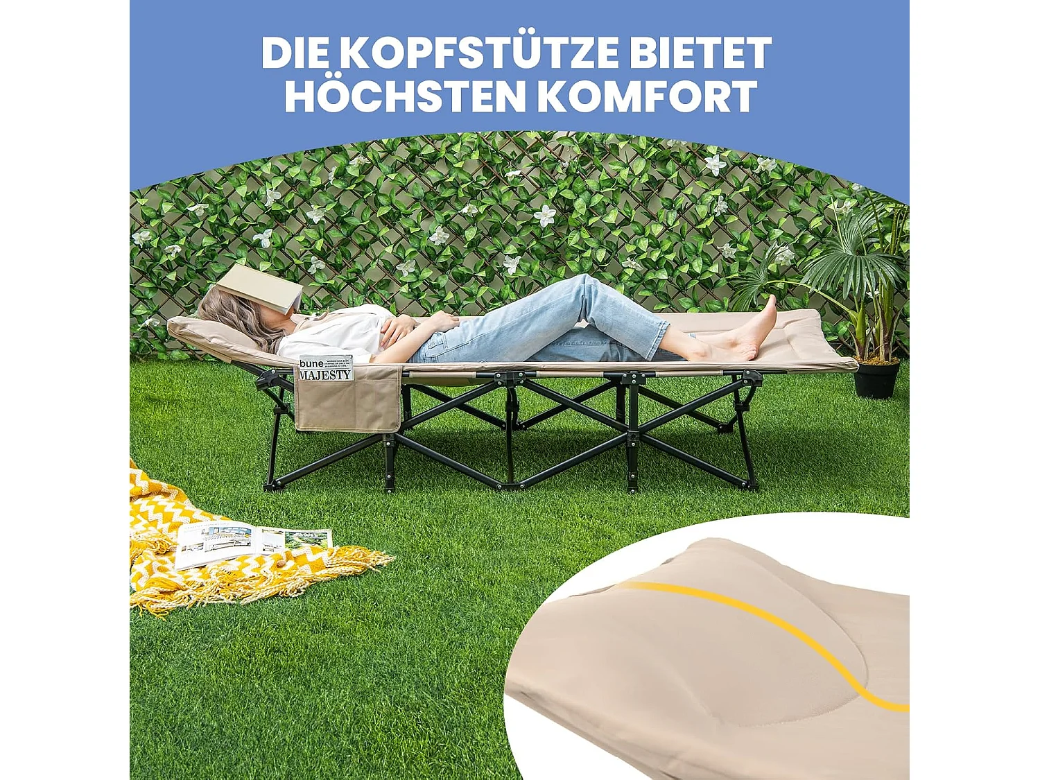 Veldbed met comfortabele katoenen vulling, geïntegreerd kussen, inklapbaar campingbed tot 200 kg belastbaar, klapbed met zijzak, campingbed, logeerbed ZB33520