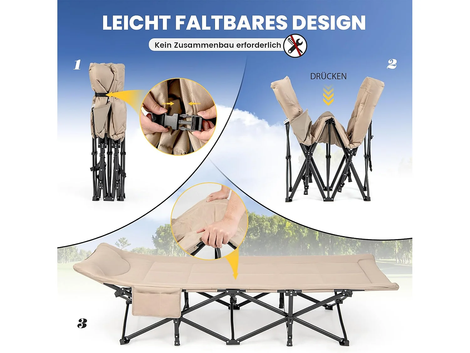 Veldbed met comfortabele katoenen vulling, geïntegreerd kussen, inklapbaar campingbed tot 200 kg belastbaar, klapbed met zijzak, campingbed, logeerbed ZB33520