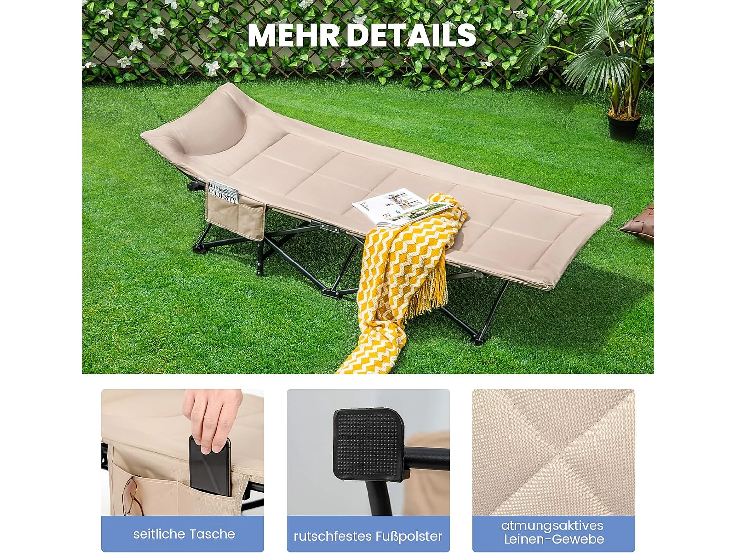 Veldbed met comfortabele katoenen vulling, geïntegreerd kussen, inklapbaar campingbed tot 200 kg belastbaar, klapbed met zijzak, campingbed, logeerbed ZB33520