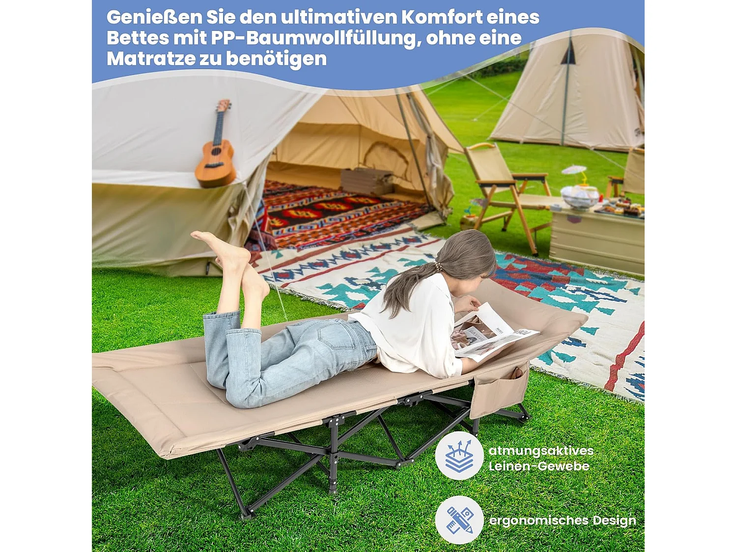 Veldbed met comfortabele katoenen vulling, geïntegreerd kussen, inklapbaar campingbed tot 200 kg belastbaar, klapbed met zijzak, campingbed, logeerbed ZB33520