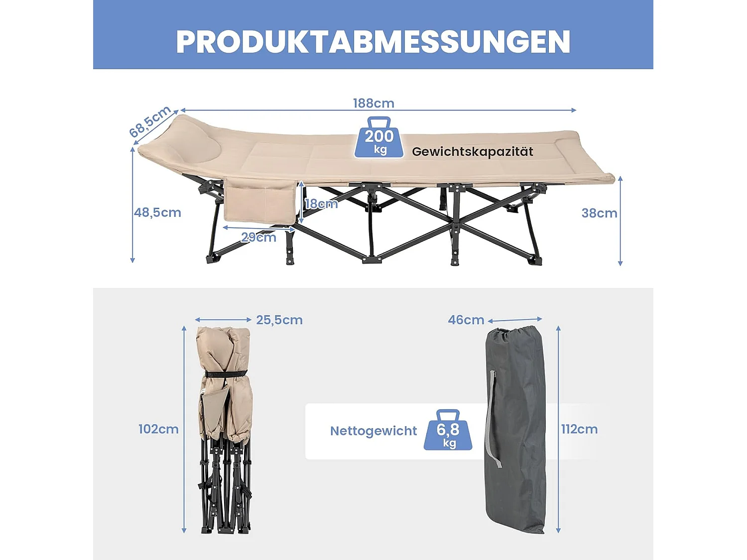 Veldbed met comfortabele katoenen vulling, geïntegreerd kussen, inklapbaar campingbed tot 200 kg belastbaar, klapbed met zijzak, campingbed, logeerbed ZB33520
