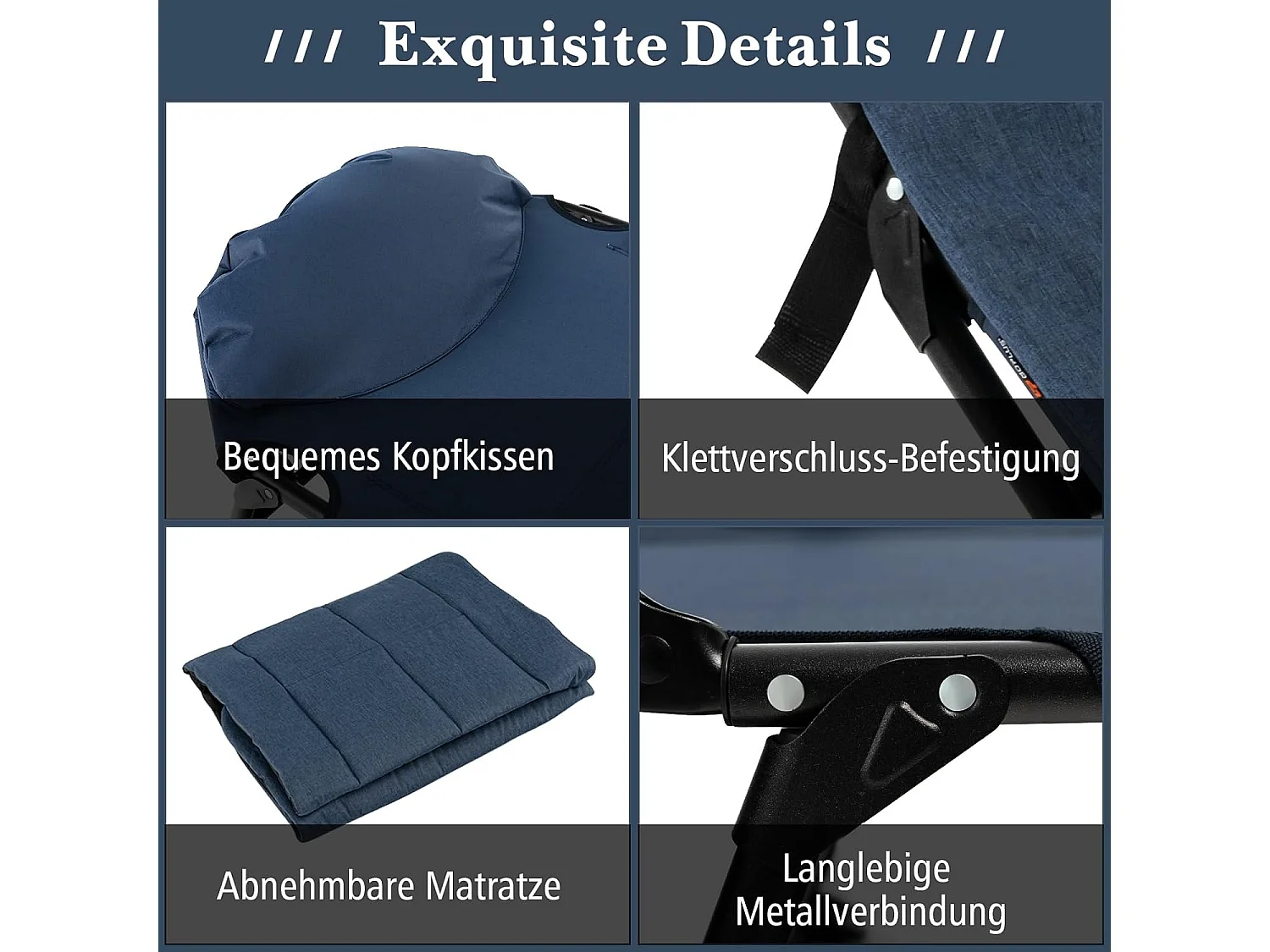 Karperligstoel met afneembaar matras en 6-voudig, inklapbaar veldbed, tot 200 kg belastbaar, visligstoel, campingbed, 194 x 66 x 29 cm, marineblauw ZB32918