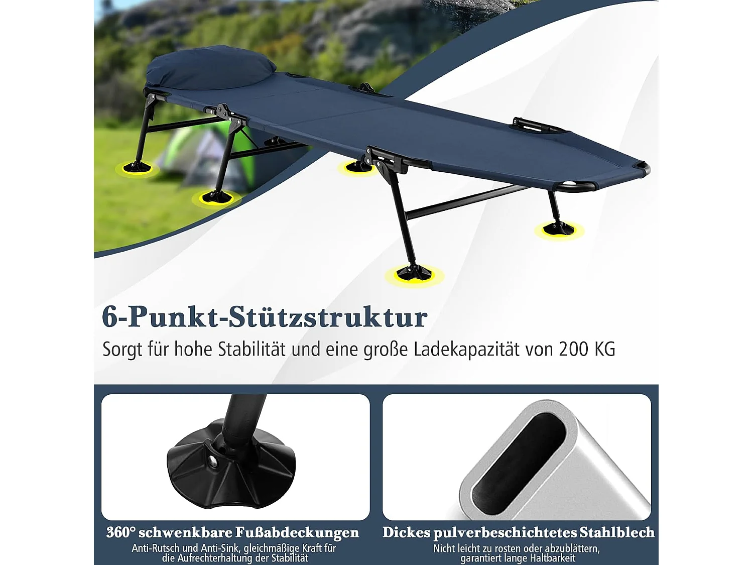 Karperligstoel met afneembaar matras en 6-voudig, inklapbaar veldbed, tot 200 kg belastbaar, visligstoel, campingbed, 194 x 66 x 29 cm, marineblauw ZB32918
