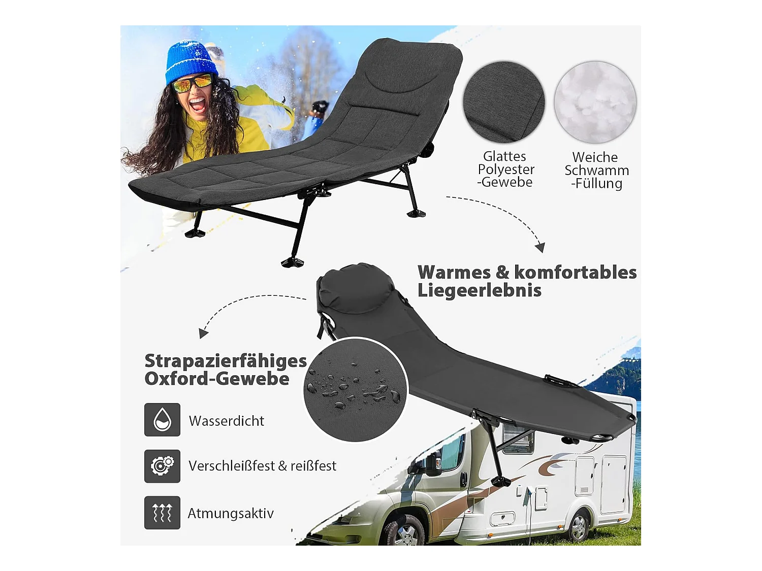 Karperligstoel met afneembaar matras en 6-voudig, inklapbaar veldbed tot 200 kg belastbaar, campingstoel, visligstoel, campingbed, 194 x 66 x 29 cm (grijs) ZB32918