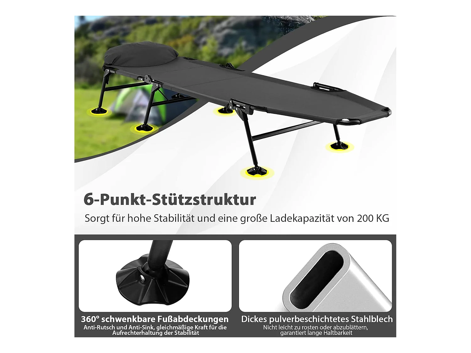 Karperligstoel met afneembaar matras en 6-voudig, inklapbaar veldbed tot 200 kg belastbaar, campingstoel, visligstoel, campingbed, 194 x 66 x 29 cm (grijs) ZB32918