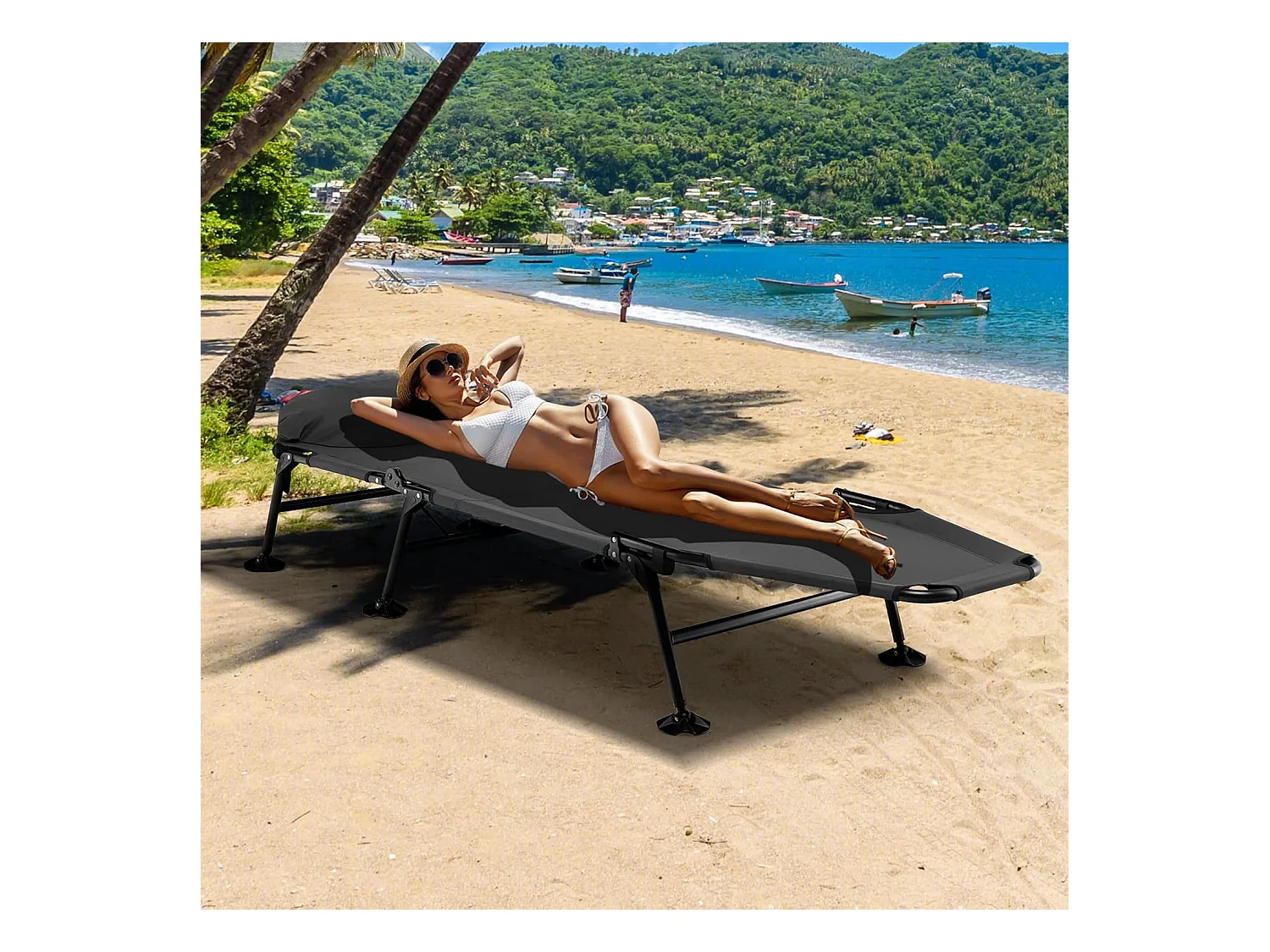 Karperligstoel met afneembaar matras en 6-voudig, inklapbaar veldbed tot 200 kg belastbaar, campingstoel, visligstoel, campingbed, 194 x 66 x 29 cm (grijs) ZB32918