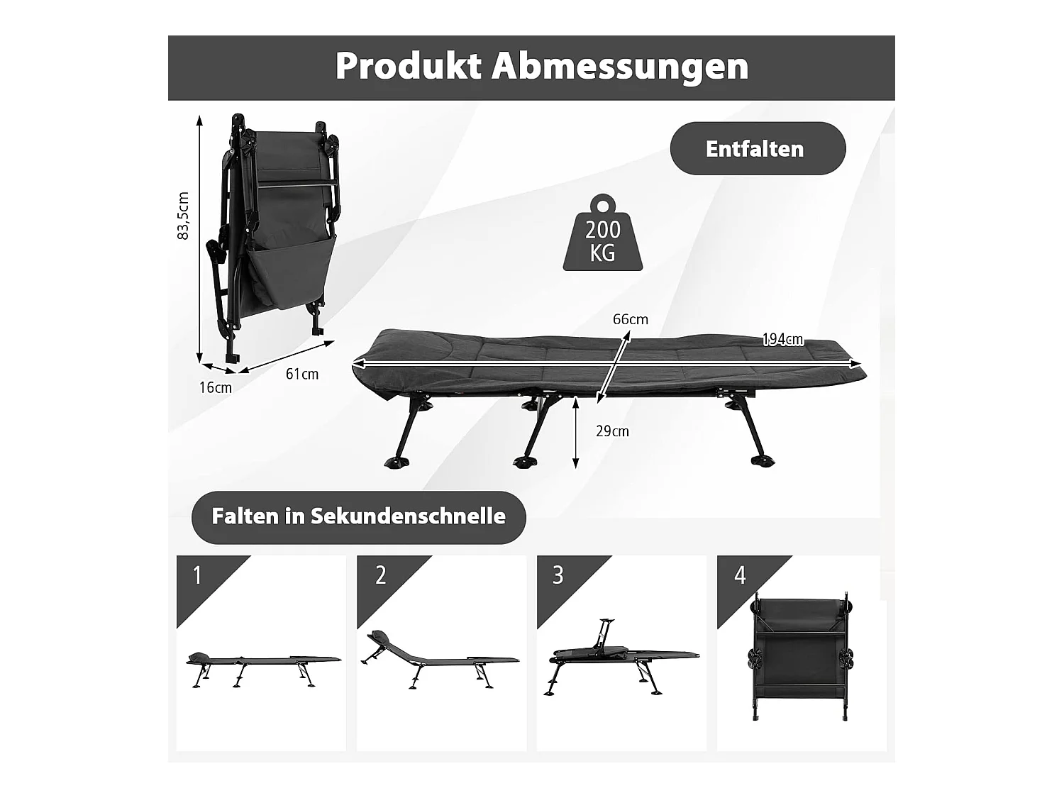 Karperligstoel met afneembaar matras en 6-voudig, inklapbaar veldbed tot 200 kg belastbaar, campingstoel, visligstoel, campingbed, 194 x 66 x 29 cm (grijs) ZB32918