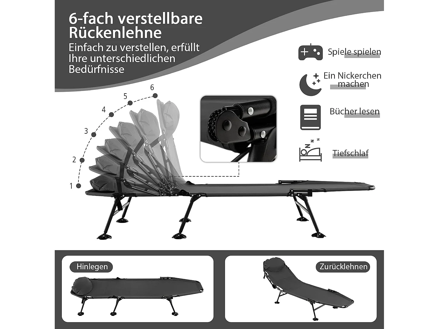 Karperligstoel met afneembaar matras en 6-voudig, inklapbaar veldbed tot 200 kg belastbaar, campingstoel, visligstoel, campingbed, 194 x 66 x 29 cm (grijs) ZB32918