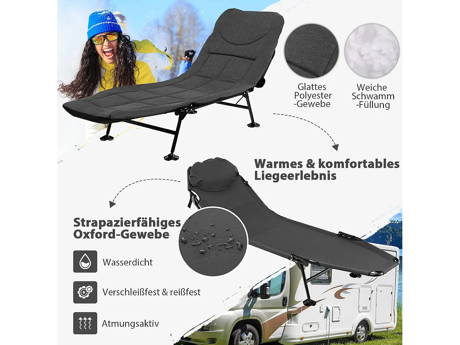 Karperligstoel met afneembaar matras en 6-voudig, inklapbaar veldbed tot 200 kg belastbaar, campingstoel, visligstoel, campingbed, 194 x 66 x 29 cm (grijs) ZB32918