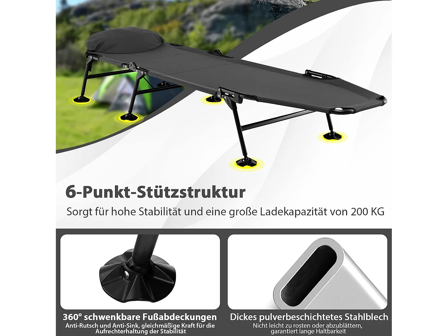 Karperligstoel met afneembaar matras en 6-voudig, inklapbaar veldbed tot 200 kg belastbaar, campingstoel, visligstoel, campingbed, 194 x 66 x 29 cm (grijs) ZB32918