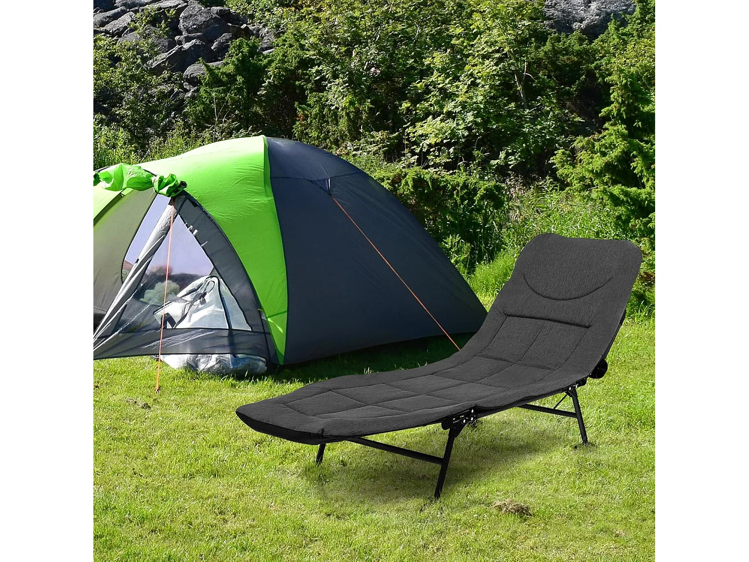 Karperligstoel met afneembaar matras en 6-voudig, inklapbaar veldbed tot 200 kg belastbaar, campingstoel, visligstoel, campingbed, 194 x 66 x 29 cm (grijs) ZB32918