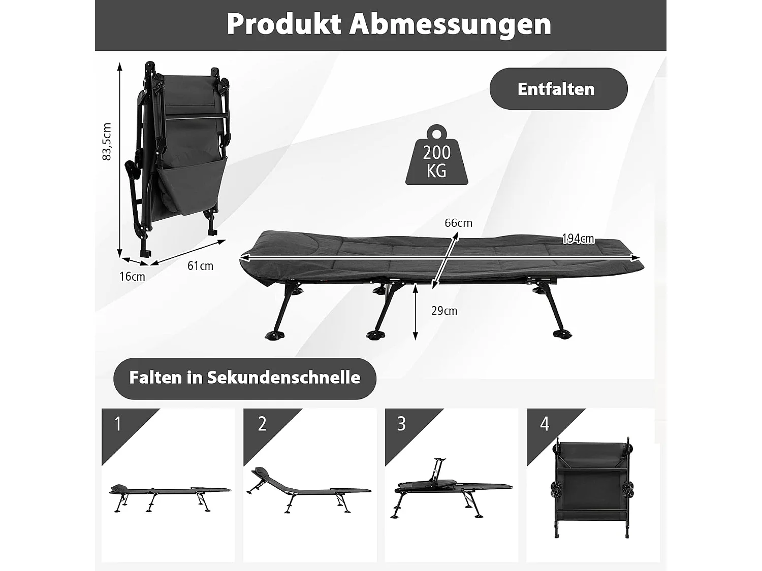 Karperligstoel met afneembaar matras en 6-voudig, inklapbaar veldbed tot 200 kg belastbaar, campingstoel, visligstoel, campingbed, 194 x 66 x 29 cm (grijs) ZB32918