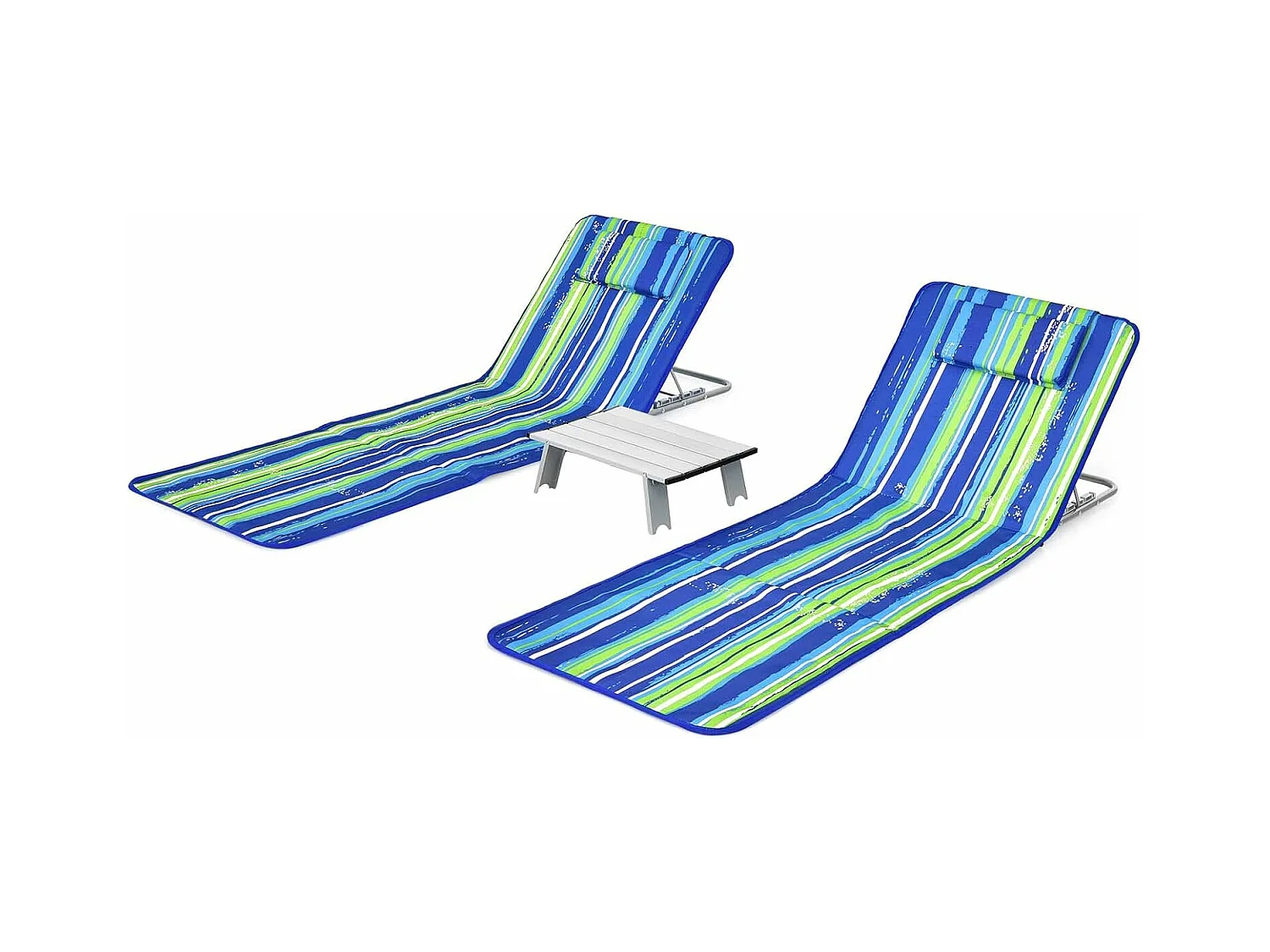 Set van 2 strandmatten met bijzettafel, hoofdkussen en opbergvak, ligmat, opvouwbare zonmat, licht, draagbaar, strandstoel voor het strand (groen) ZB32435