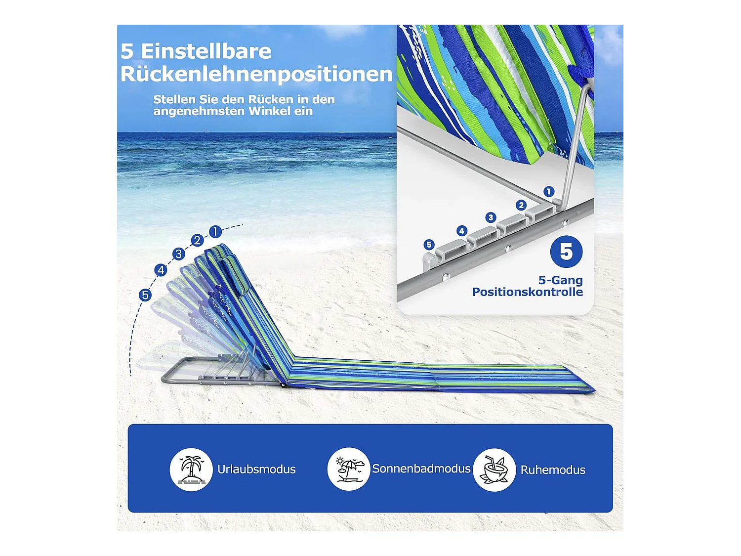 Set van 2 strandmatten met bijzettafel, hoofdkussen en opbergvak, ligmat, opvouwbare zonmat, licht, draagbaar, strandstoel voor het strand (groen) ZB32435