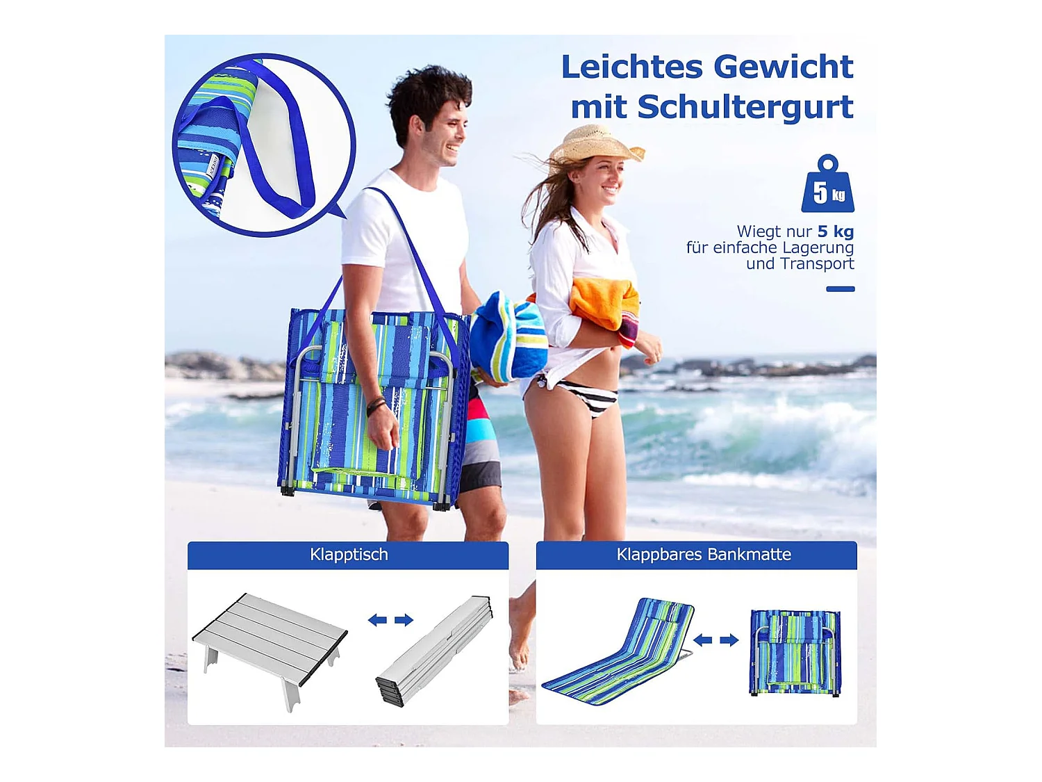 Set van 2 strandmatten met bijzettafel, hoofdkussen en opbergvak, ligmat, opvouwbare zonmat, licht, draagbaar, strandstoel voor het strand (groen) ZB32435