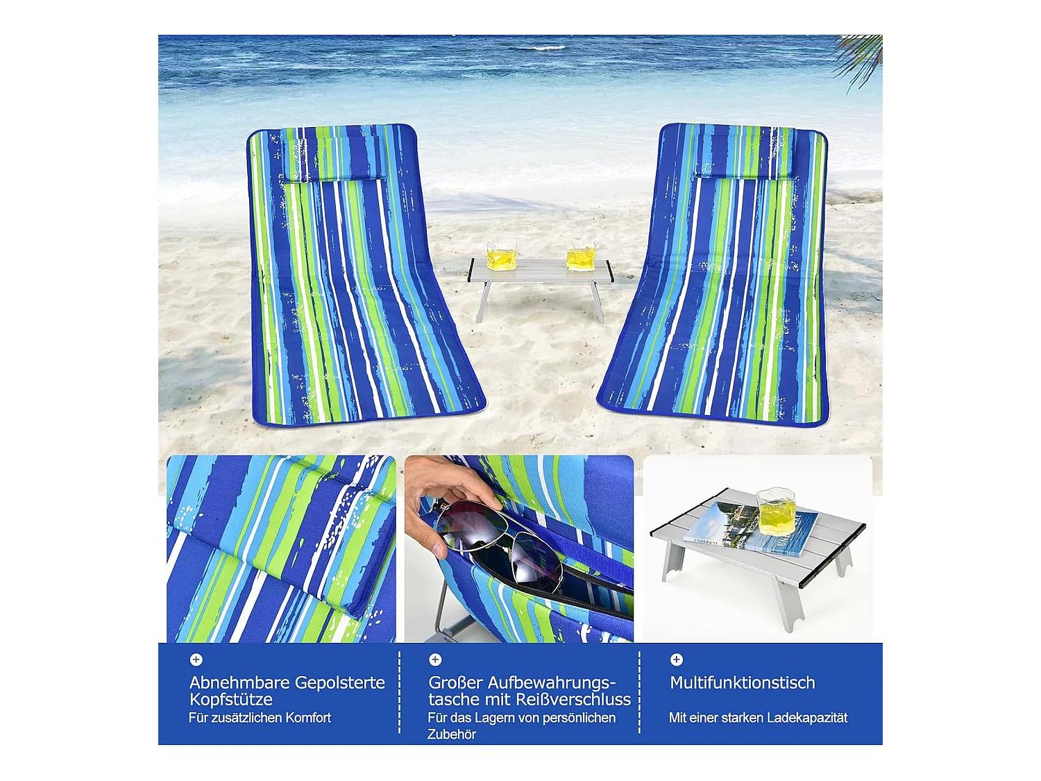 Set van 2 strandmatten met bijzettafel, hoofdkussen en opbergvak, ligmat, opvouwbare zonmat, licht, draagbaar, strandstoel voor het strand (groen) ZB32435