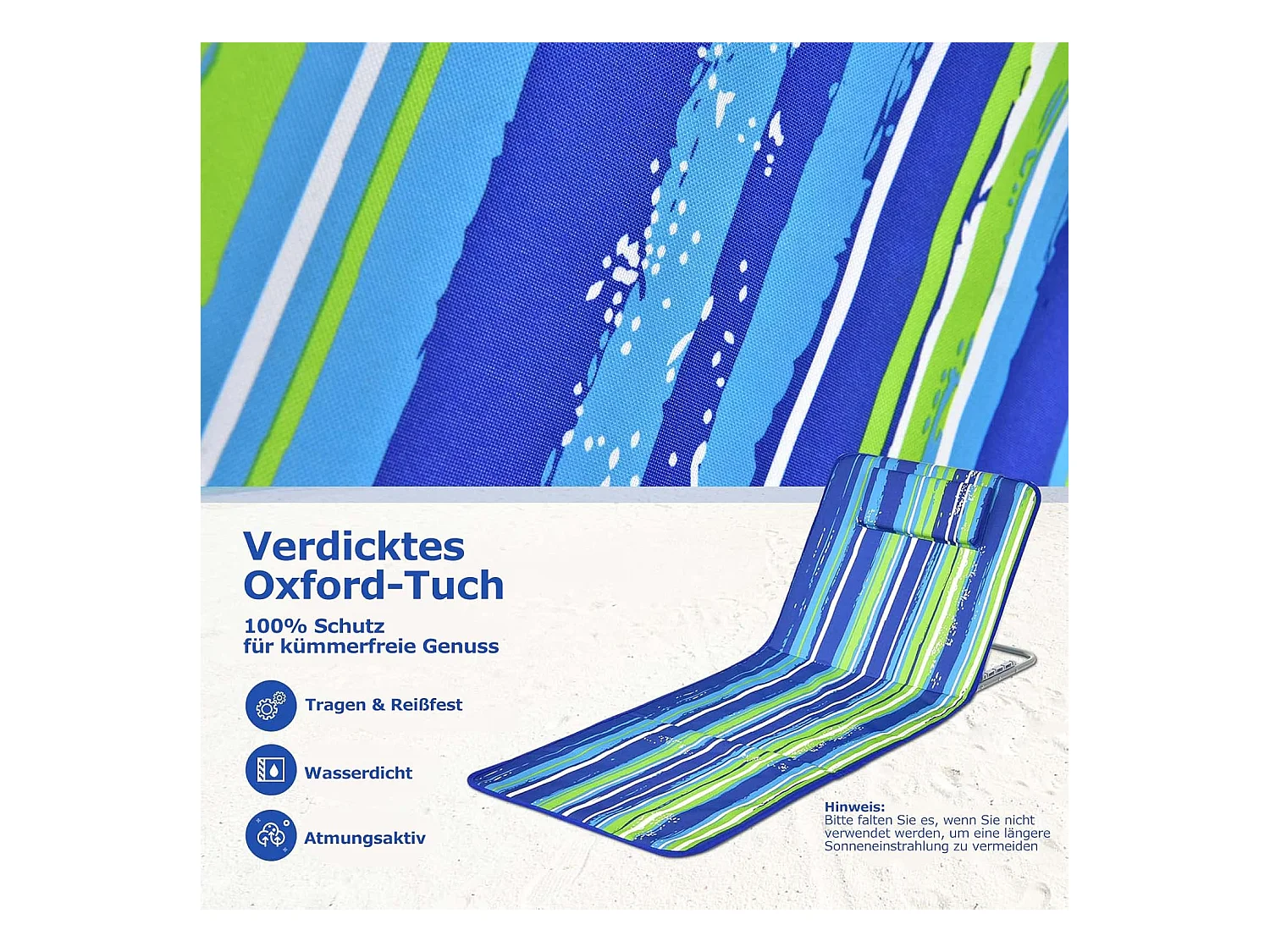 Set van 2 strandmatten met bijzettafel, hoofdkussen en opbergvak, ligmat, opvouwbare zonmat, licht, draagbaar, strandstoel voor het strand (groen) ZB32435